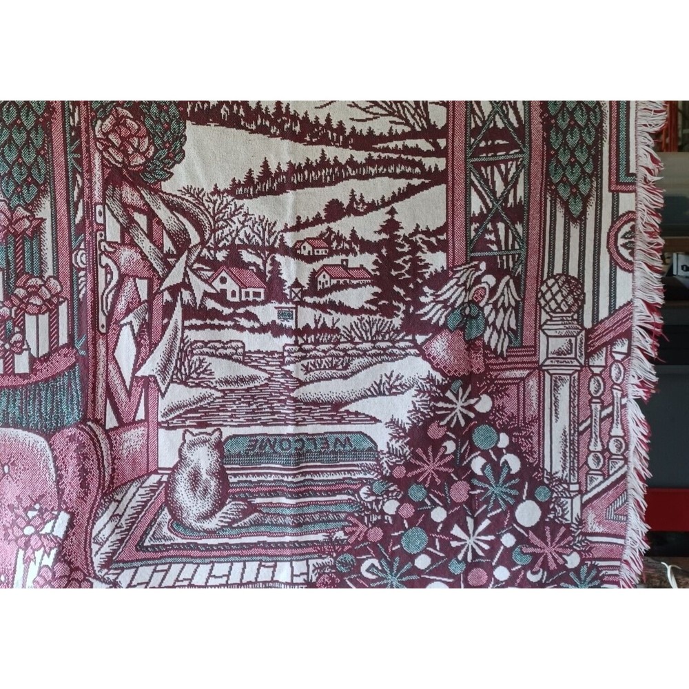 Throw Woven Blanket Cat in Window Village Winter Christmas Scene 54" x 44"